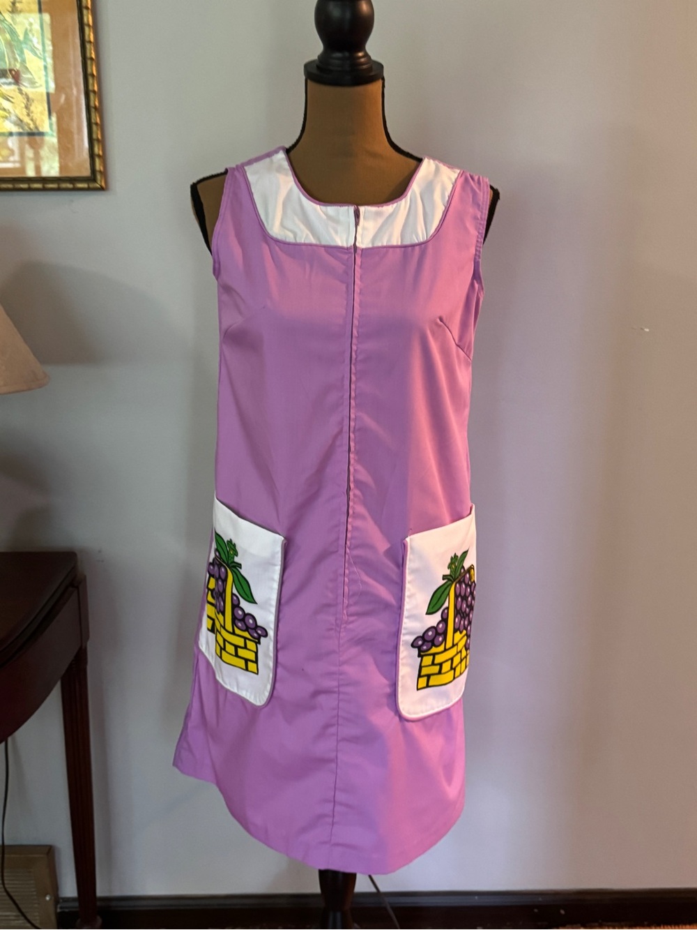 Vintage Lavender Sleeveless Mini Dress White Trim and Fruit Basket Frogs Pockets